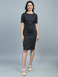 Black Grey Checks Dress Elbow Sleeve